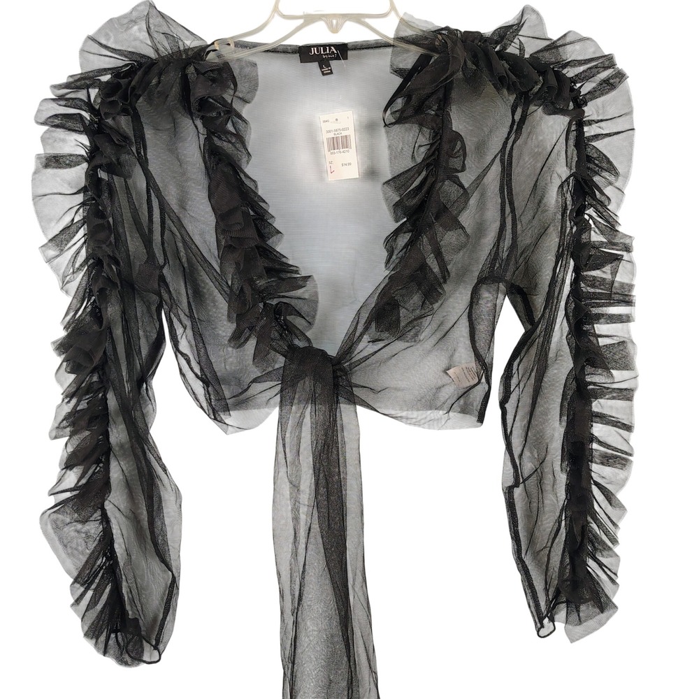 NWT Womens L Julia by Love J Sheer Mesh Ruffle Tie Front Shrug Black Gothcore